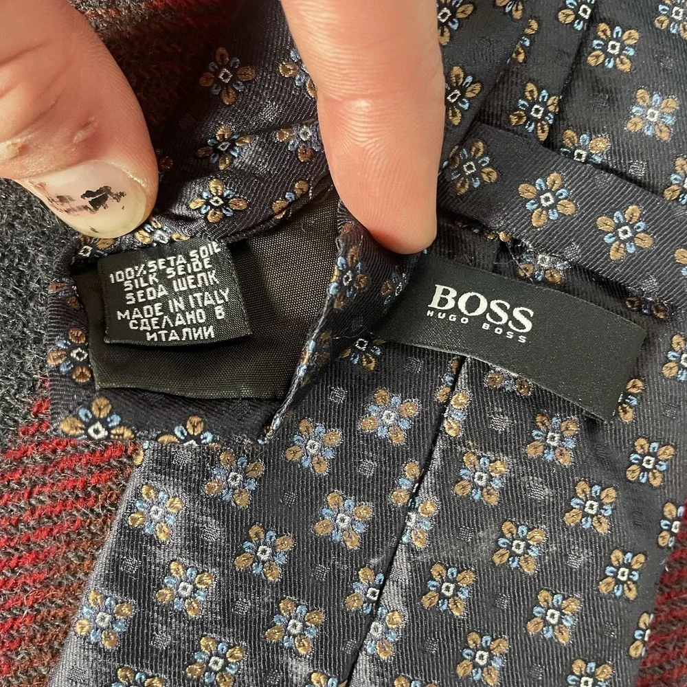 Hugo Boss Tie Mens One Size Gray Floral Silk Jacquard Necktie Made In Italy